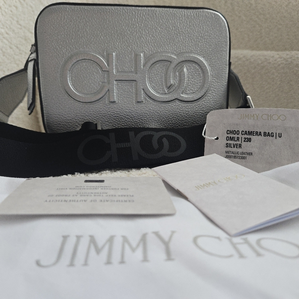 Jimmy Choo NWT Camera Bag‎ Metallic Silver Embossed Leather
